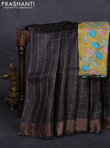 Coffee Brown & Mustard Yellow Pure Tussar Silk - Kalamkari Blouse