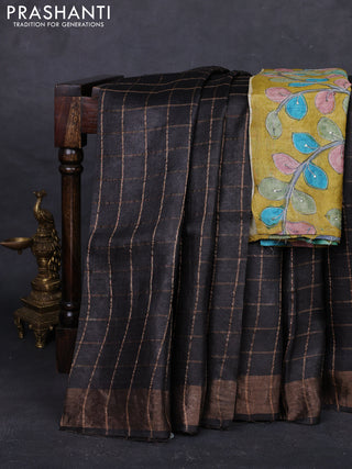 Coffee Brown & Mustard Yellow Pure Tussar Silk - Kalamkari Blouse