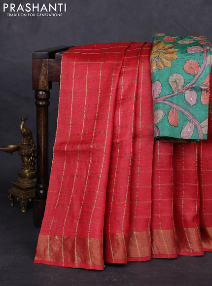 Red & Green Pure Tussar Silk - Kalamkari Blouse