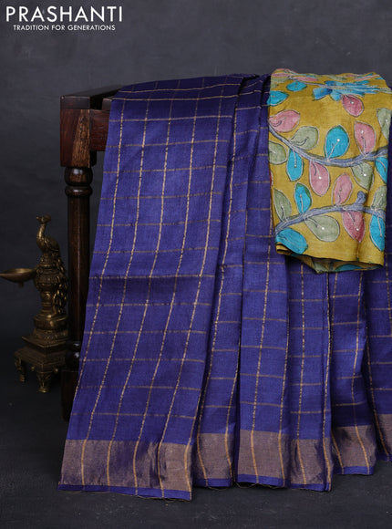 Blue & Mustard Yellow Pure Tussar Silk - Kalamkari Blouse