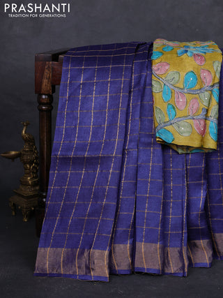 Blue & Mustard Yellow Pure Tussar Silk - Kalamkari Blouse