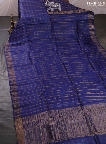 Blue & Mustard Yellow Pure Tussar Silk - Kalamkari Blouse
