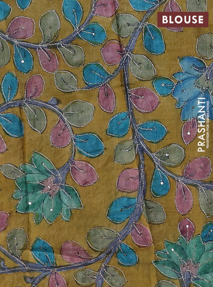 Blue & Mustard Yellow Pure Tussar Silk - Kalamkari Blouse