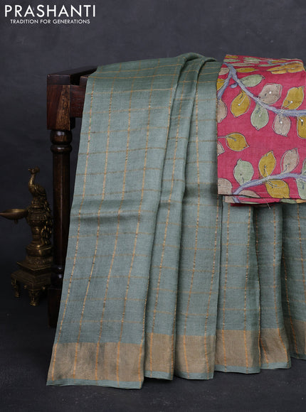Pastel Green & Maroon Pure Tussar Silk - Kalamkari Blouse