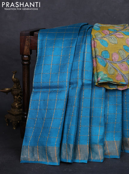 Cs Blue & Mustard Yellow Pure Tussar Silk - Kalamkari Blouse