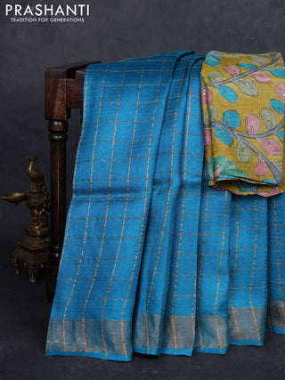 Cs Blue & Mustard Yellow Pure Tussar Silk - Kalamkari Blouse