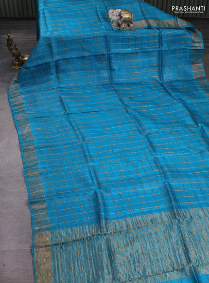 Cs Blue & Mustard Yellow Pure Tussar Silk - Kalamkari Blouse