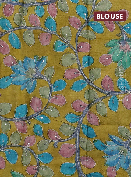 Cs Blue & Mustard Yellow Pure Tussar Silk - Kalamkari Blouse
