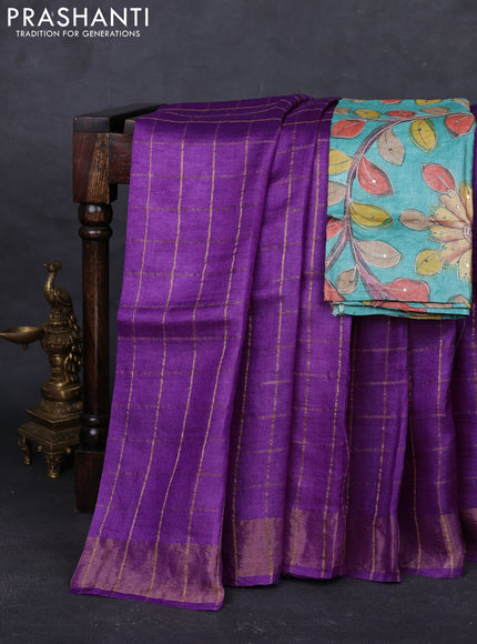 Purple & Green Pure Tussar Silk - Kalamkari Blouse