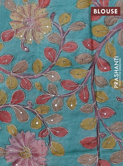 Purple & Green Pure Tussar Silk - Kalamkari Blouse