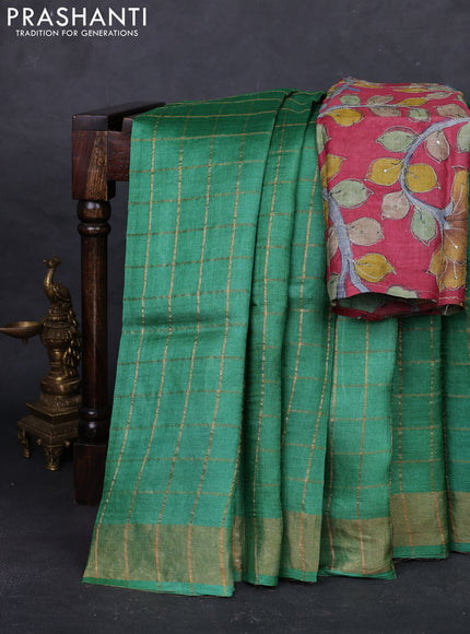 Green & Pink Pure Tussar Silk - Kalamkari Blouse