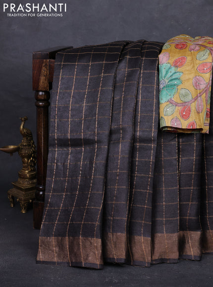 Coffee Brown & Mustard Yellow Pure Tussar Silk - Kalamkari Blouse