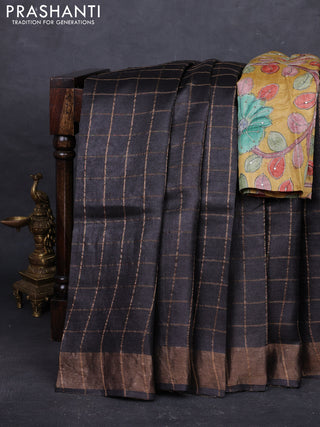 Coffee Brown & Mustard Yellow Pure Tussar Silk - Kalamkari Blouse