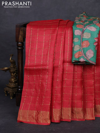 Red & Green Pure Tussar Silk - Kalamkari Blouse