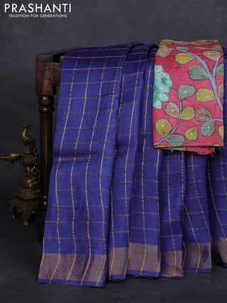 Blue & Pink Pure Tussar Silk - Kalamkari Blouse