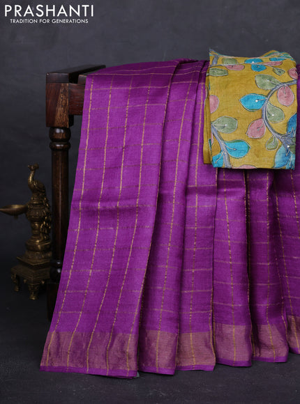Purple & Mustard Yellow Pure Tussar Silk - Kalamkari Blouse