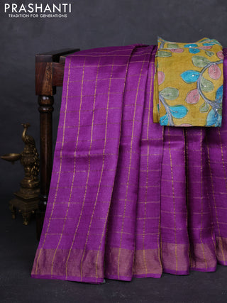 Purple & Mustard Yellow Pure Tussar Silk - Kalamkari Blouse