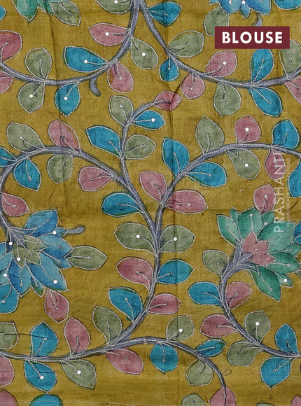 Purple & Mustard Yellow Pure Tussar Silk - Kalamkari Blouse