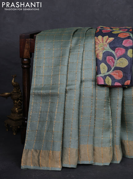 Pastel Green & Elephant Grey Pure Tussar Silk - Kalamkari Blouse