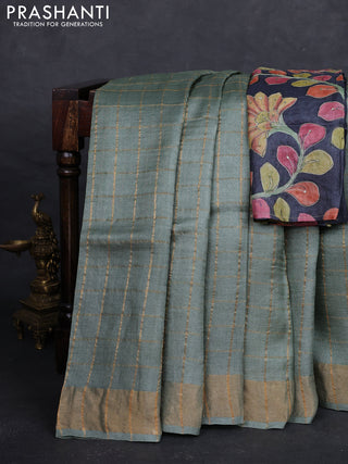 Pastel Green & Elephant Grey Pure Tussar Silk - Kalamkari Blouse