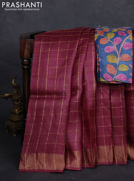 Maroon & Blue Pure Tussar Silk - Kalamkari Blouse