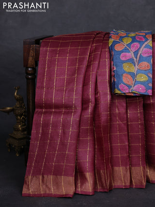 Maroon & Blue Pure Tussar Silk - Kalamkari Blouse