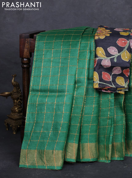 Green & Black Pure Tussar Silk - Kalamkari Blouse