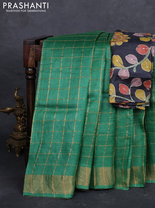 Green & Black Pure Tussar Silk - Kalamkari Blouse