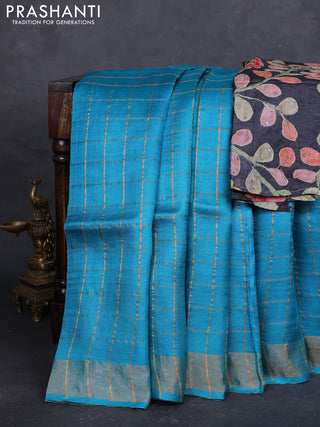 Teal Blue & Black Pure Tussar Silk - Kalamkari Blouse