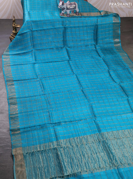 Teal Blue & Black Pure Tussar Silk - Kalamkari Blouse