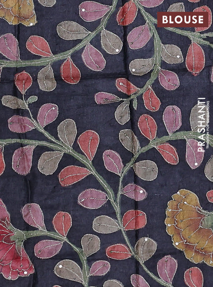 Teal Blue & Black Pure Tussar Silk - Kalamkari Blouse