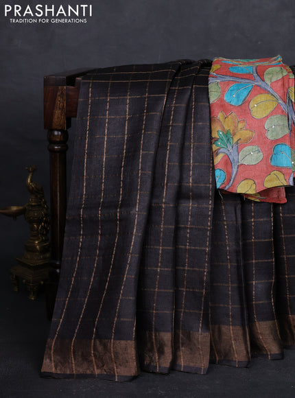 Coffee Brown & Rust Pure Tussar Silk - Kalamkari Blouse