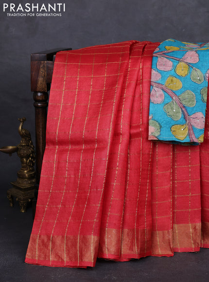 Red & Teal  Pure Tussar Silk - Kalamkari Blouse