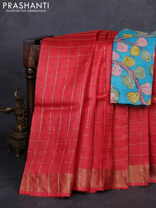 Red & Teal  Pure Tussar Silk - Kalamkari Blouse