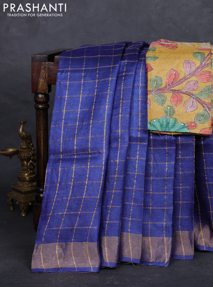 Navy Blue & Mustard Yellow Pure Tussar Silk - Kalamkari Blouse