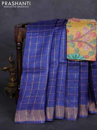 Navy Blue & Mustard Yellow Pure Tussar Silk - Kalamkari Blouse