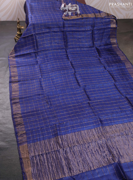 Navy Blue & Mustard Yellow Pure Tussar Silk - Kalamkari Blouse