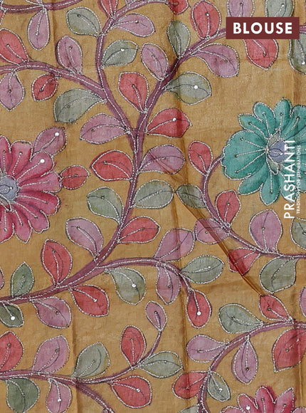 Navy Blue & Mustard Yellow Pure Tussar Silk - Kalamkari Blouse