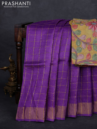 Purple & Mustard Yellow Pure Tussar Silk - Kalamkari Blouse