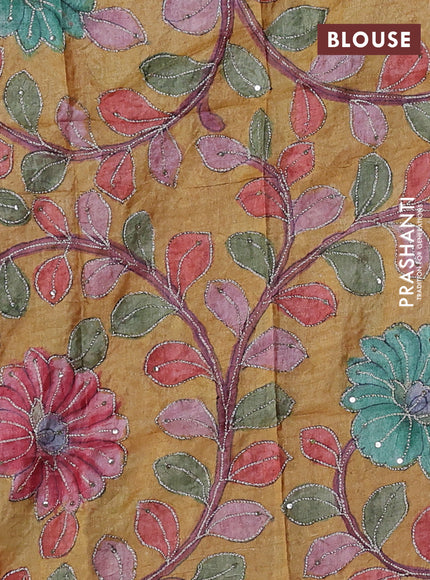 Purple & Mustard Yellow Pure Tussar Silk - Kalamkari Blouse