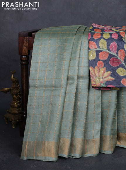 Pastel Green & Black Pure Tussar Silk - Kalamkari Blouse