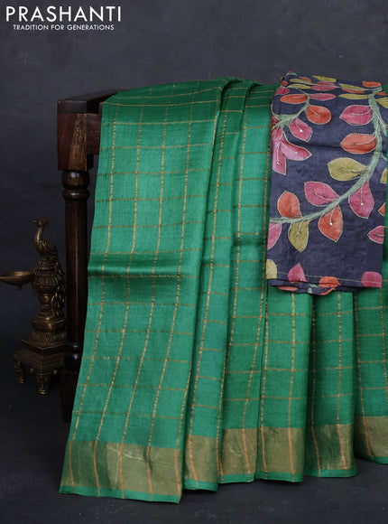 Green & Elephant Grey Pure Tussar Silk - Kalamkari Blouse