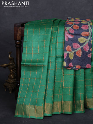 Green & Elephant Grey Pure Tussar Silk - Kalamkari Blouse