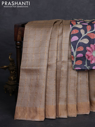 Beige & Black Pure Tussar Silk - Kalamkari Blouse