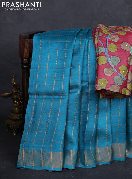 Teal Blue & Pink Pure Tussar Silk - Kalamkari Blouse