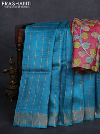 Teal Blue & Pink Pure Tussar Silk - Kalamkari Blouse