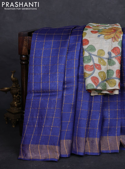 Blue & Cream Pure Tussar Silk - Kalamkari Blouse