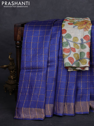 Blue & Cream Pure Tussar Silk - Kalamkari Blouse