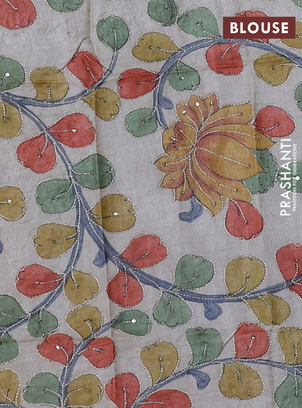 Blue & Cream Pure Tussar Silk - Kalamkari Blouse