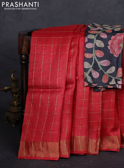Red & Black Pure Tussar Silk - Kalamkari Blouse